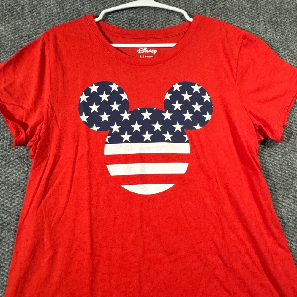 Disney Mickey Mouse American Flag Stars Stripes Red Graphic T-Shirt‎ Womens L